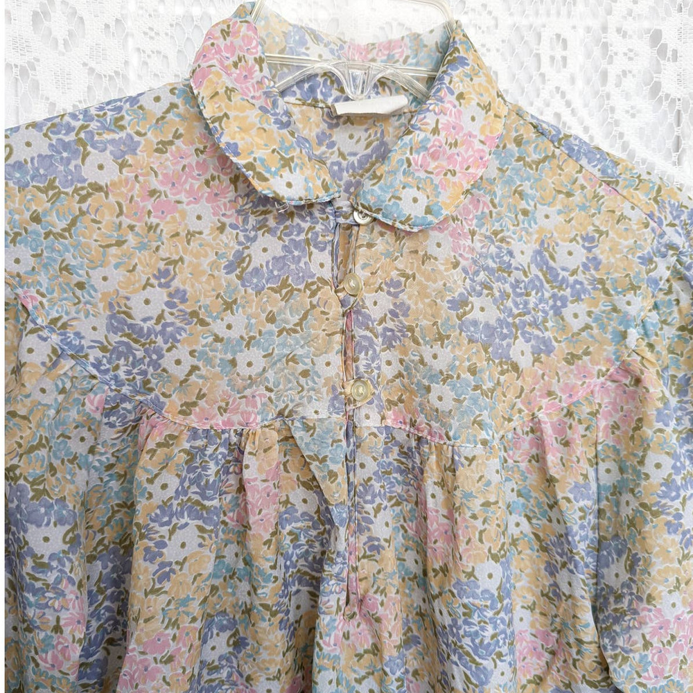Vintage 70s Pastel Floral Blouse Bishop Sleeve Cottage Peasant Style Size 16